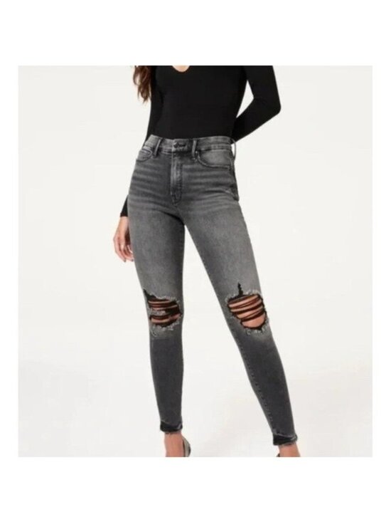 Good American Denim - Good American Shadow Pocket Jean Distressed Skinny Raw Hem Grey Black Size 2